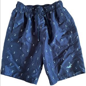 Hollister Men’s Blue Swim Trunks with Palm Tree Design - XS